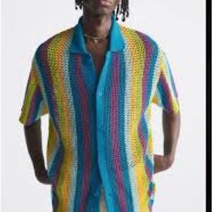 NWT Zara Multicolor Striped Open-Knit Button Down Shirt Sz L